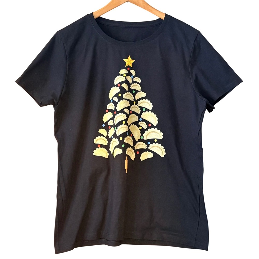 Christmas Tree Polish Foodie Pierogi Dumpling Graphic T Shirt Black Size Large